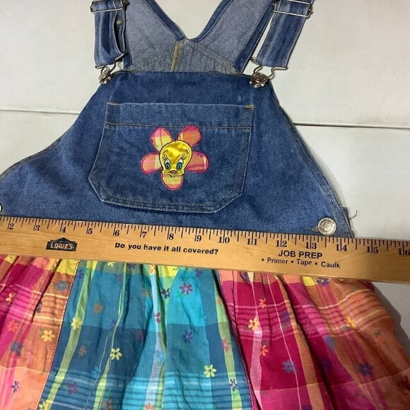 Vtg Girl's Dress Jumper Looney Tunes Tweety Bird Denim Jean Plaid Floral Sz 12 - Picture 8 of 8